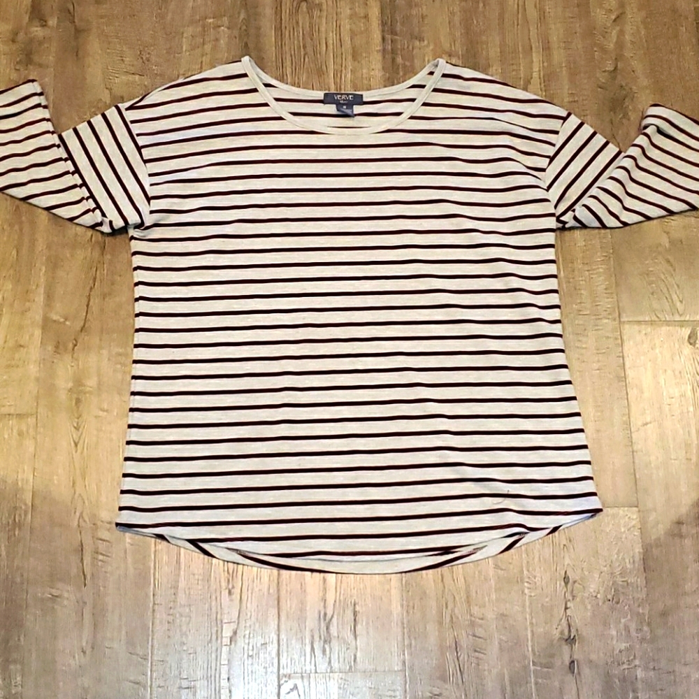 Grey & Burgundy Striped 3/4 Sleeve Soft‎ Top 1X